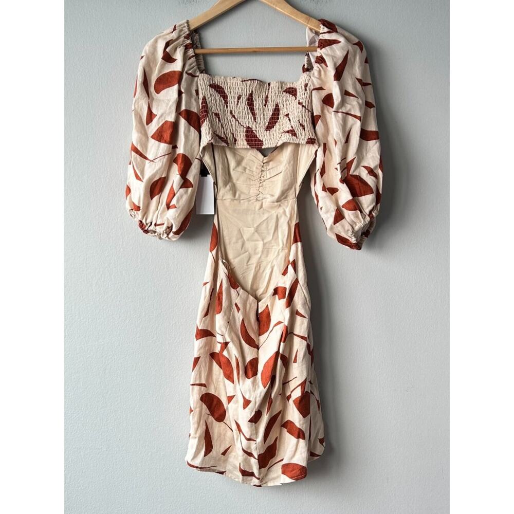 NWT ASTR The Label Heather Linen Mini Dress Rust Abstract Puff Sleeve Small - Picture 6 of 10